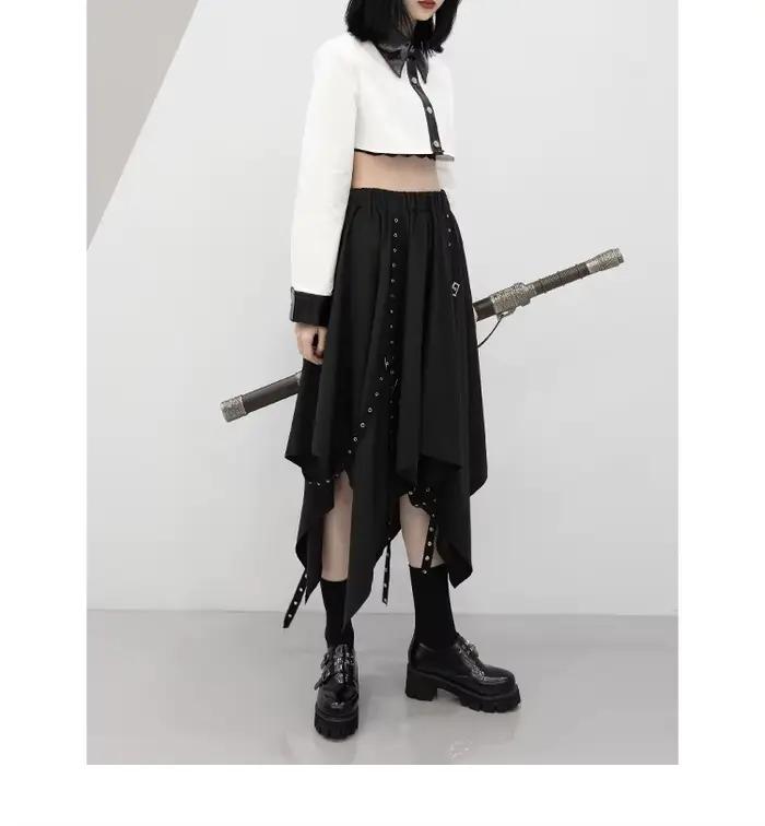 Jupe gothique CORLVON pour fille style punk Y2K nouvelle collection mi-mollet polyester patch-travail silhouette une ligne occassions spéciales automne hiver