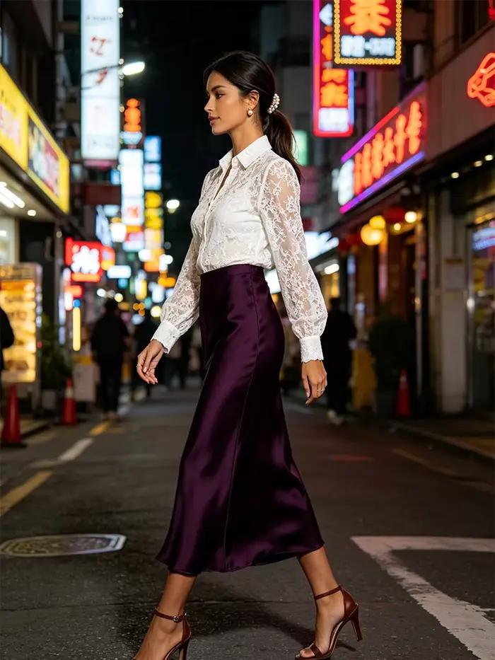 Jupe midi en satin minimaliste taille haute à coupe biais et ourlet fluide pour le bureau et le streetwear décontracté