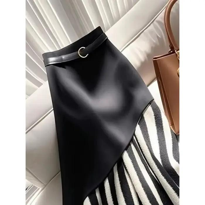 Jupe midi pour femme en similicuir patchwork à rayures zébrées asymétriques