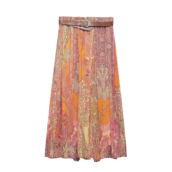 YENKYE Jupe mi-longue à imprimé cachemire pour femme avec ceinture taille haute fluide décontractée d'été style bohème