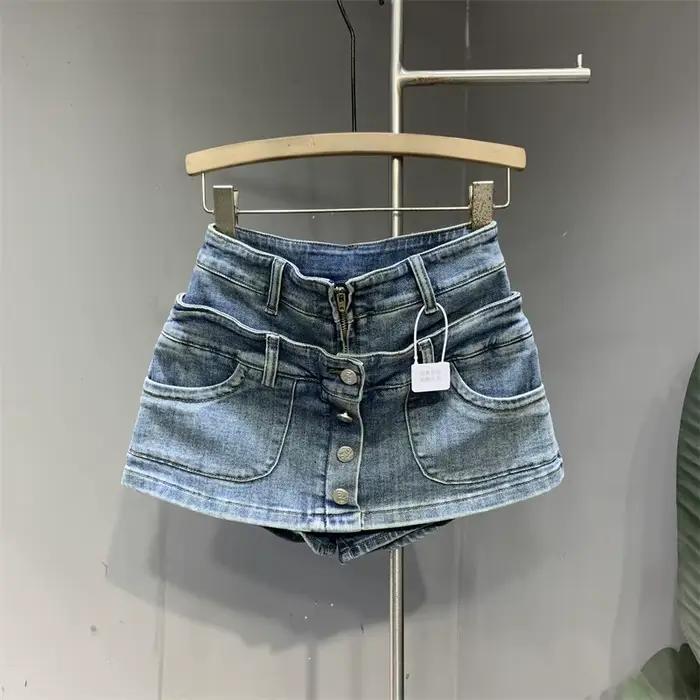 Jupe courte en jean effet deux pièces pour femme