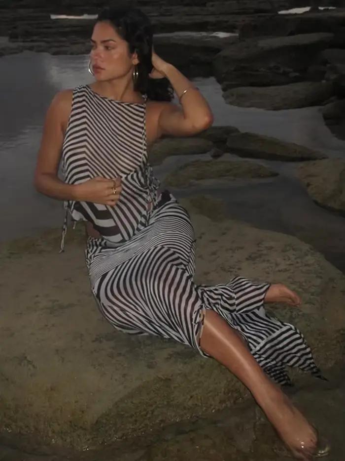 Zèbre rayé haut à licou jupe de plage Vintage imprimé bord de mer vacances bretelles fente Sexy dos nu cou sangle suspendue jupes longues