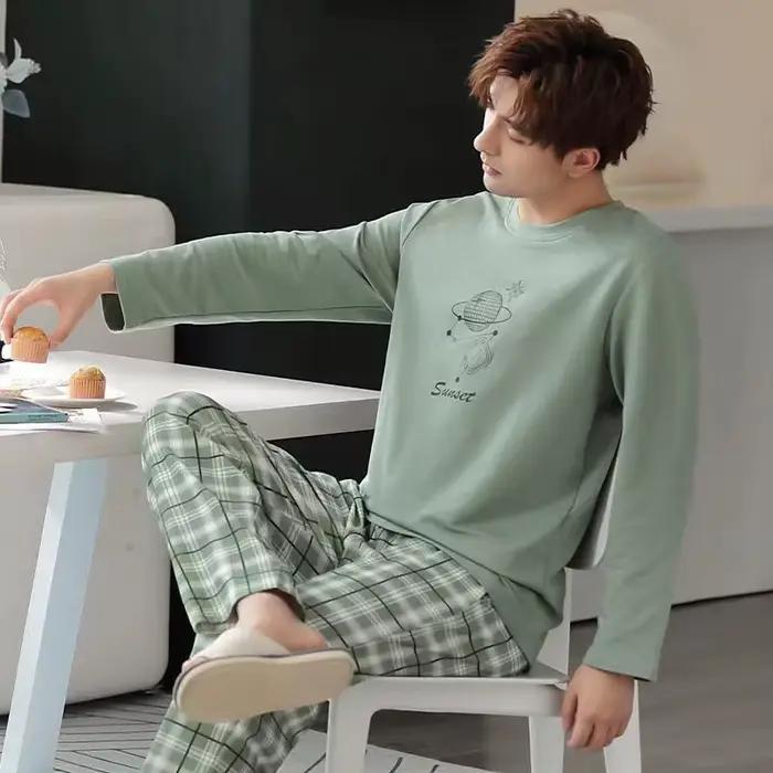 Pyjama à manches longues pour hommes, pantalon Long, grande taille, vêtements de maison, ensemble deux pièces, vêtements de nuit, vêtements de nuit pour jeunes, automne et hiver