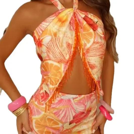 Ensemble jupe et haut sexy à franges pour femme – Top court sans manches à col halter et mini-jupe moulante – Collection Printemps-Été 2026 