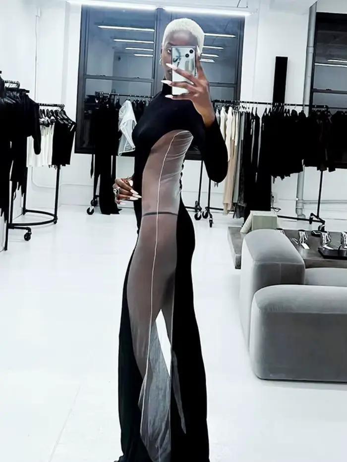 Robe transparente noire pour femme, pull long tambour, vêtements slim, streetwear sexy, patchwork en maille, robe éducative, automne