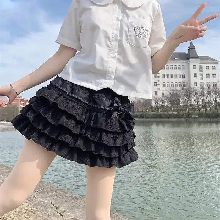 Style japonais Kawaii Lolita Mini jupe femmes gothique taille haute à volants jupes à plusieurs niveaux doux Girly été