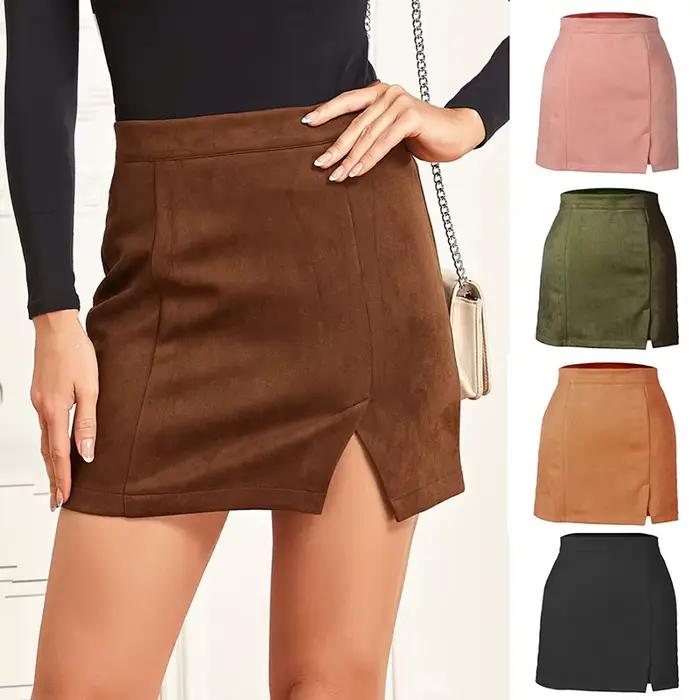 Automne hiver daim jupes courtes femmes Sexy fendu moulante Mini jupe femme Vintage Streetwear fermeture éclair taille