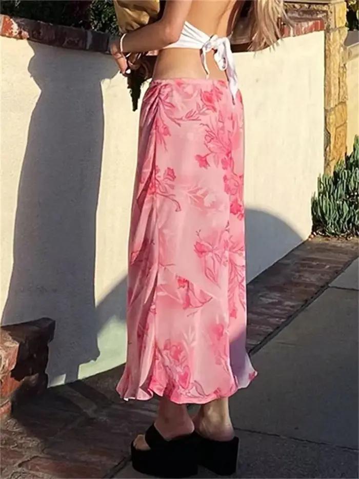 Jupe longue à fleurs taille basse en mousseline de soie hirigin pour femmes, style vintage, été et automne, facile à entretenir, adaptable à toutes les occasions ```