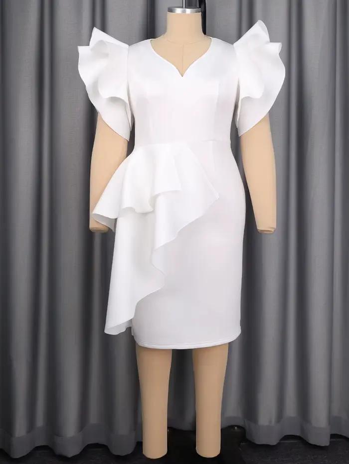 Robe mi-longue blanche pour femmes, col en V, manches courtes volantes, volants à plusieurs niveaux, taille haute, moulante, élégante, robes de soirée d'invitées de mariage