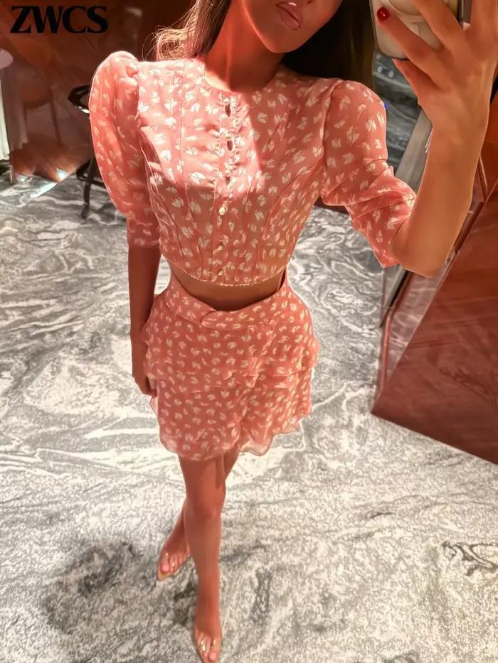 Ensemble 2 pièces jupe courte à volants imprimé floral pour femme