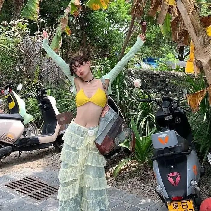 Jupe design en dentelle coréenne-jupe longue superposée élégante taille haute pour femmes