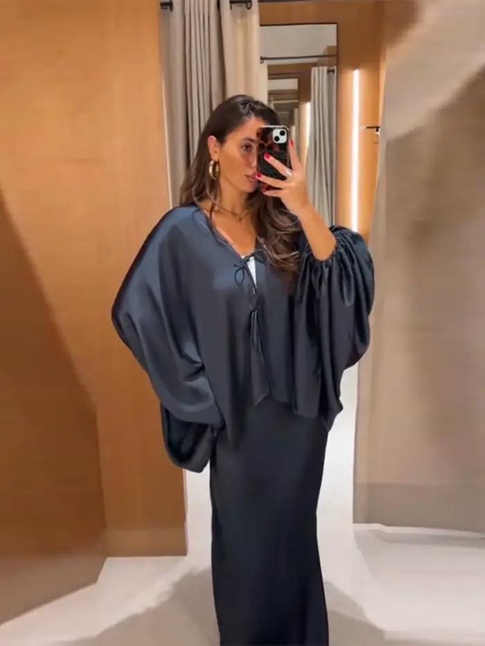 Ensembles de jupes pour femmes : Hauts amples à col en V et manches lanternes avec lacets