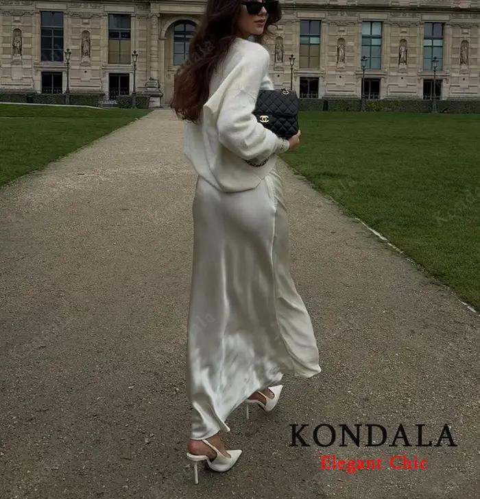 KONDALA élégant Satin mince Midi solide jupe femmes élastique taille haute a-ligne décontracté femme