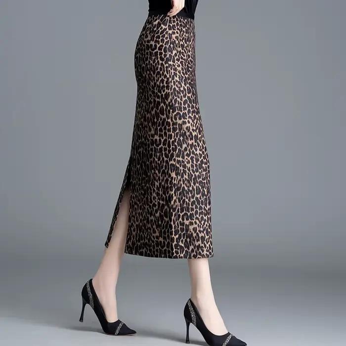 ZUZK élégant longues jupes léopard pour les femmes automne hiver tenue de bureau mince dames jupe taille élastique Maxi