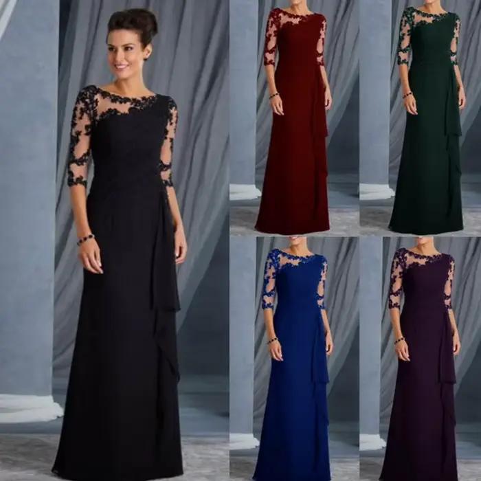 Robe longue élégante en polyester avec dentelle transparente pour femmes, coupe ajustée, col rond, manches mi-longues, idéale pour soirées et journées de travail