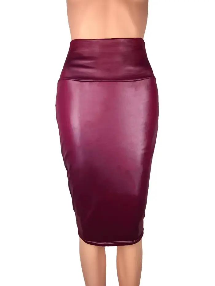 Jupe mi-longue en simili cuir PU mat pour femmes