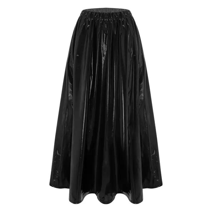 Jupe longue en similicuir effet mouillé pour femmes, coupe trapèze, taille empire, longueur cheville, pour soirées, clubs et événements sociaux