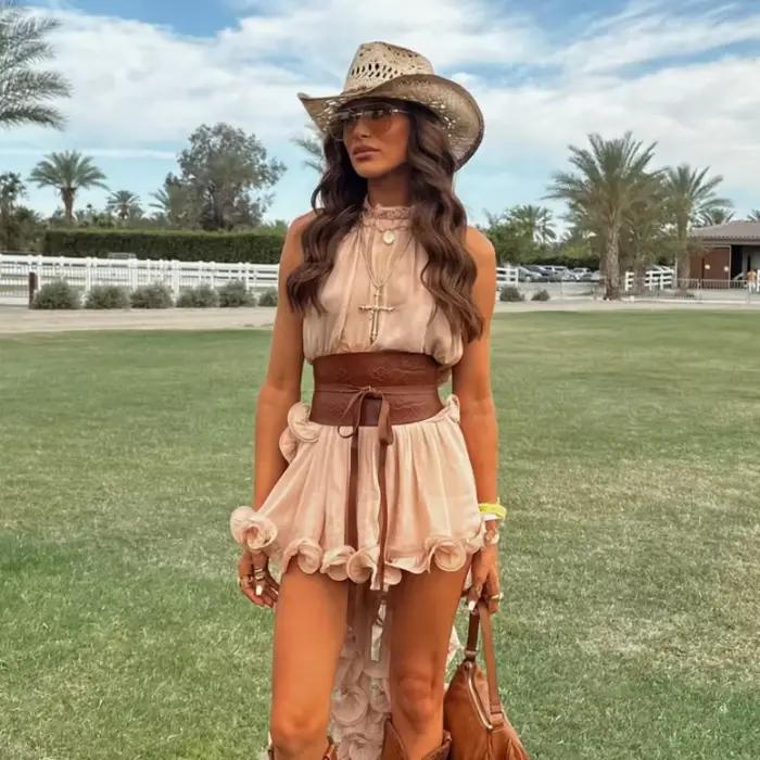 Ensemble deux pièces élégant polyester haut court à lacets jupe taille basse volants haut de gamme pour femmes printemps été vintage