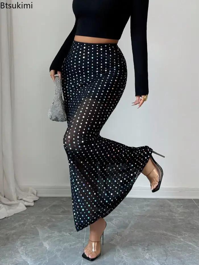 Nouvelles jupes moulantes en tulle double couche à paillettes noires pour femmes