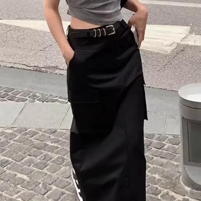 Jupe redingote noire femme 2025 printemps et été taille haute mince fendue