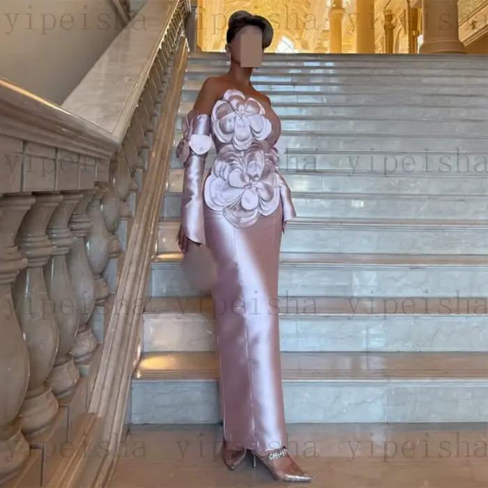 Robe de soirée sans bretelles personnalisée, moderne, avec des appliques florales 3D, longueur cheville, robe de bal droite, épaules dénudées, longue robe en Satin