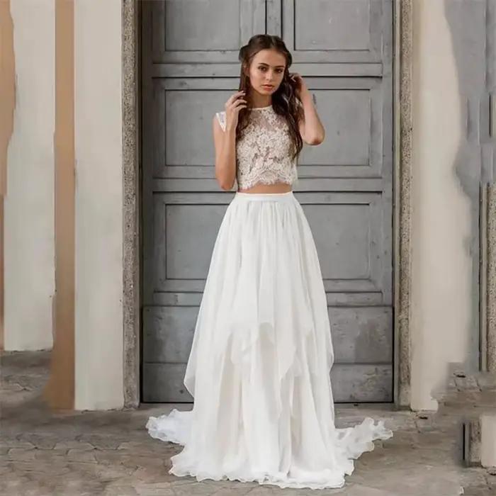 Robe De Mariée Deux Pièces Bohème Dentelle Sexy Jupe Longue En Mousseline Plage Jardin Été Haut Court Sans Manches Traîne Robes De Mariage Élégantes Romantiques Pour Les Mariées Grande Taille Blanches
