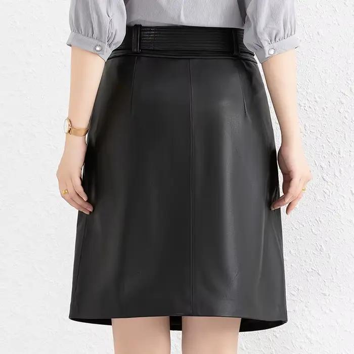 Jupe en cuir véritable Recurfs Youni avec poches, coupe une ligne, élégante pour femmes, occassions formelles et quotidiennes