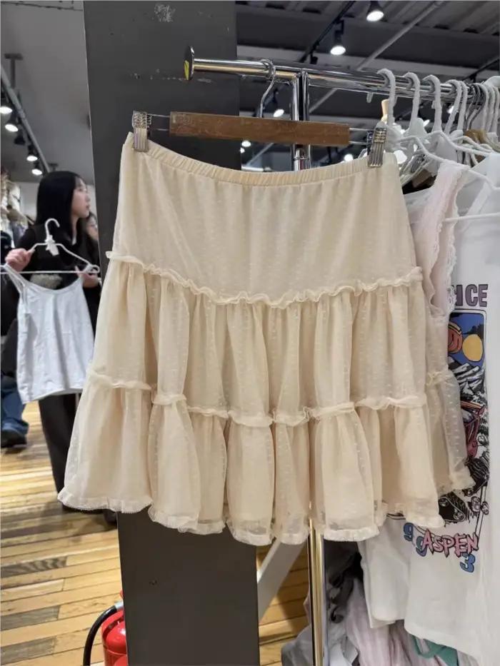 Jupes Jacquard en maille à pois longueur genou pour femme, taille élastique, volants, coupe trapèze, style preppy, jupe courte beige Y2K