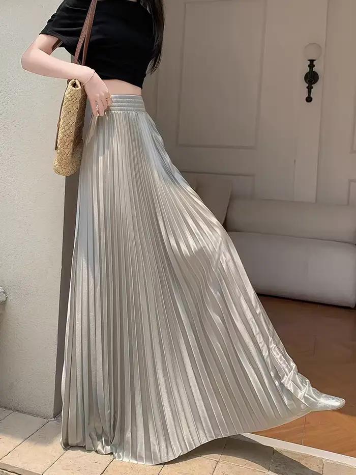 Jupe longue plissée en satin pour femmes grandes