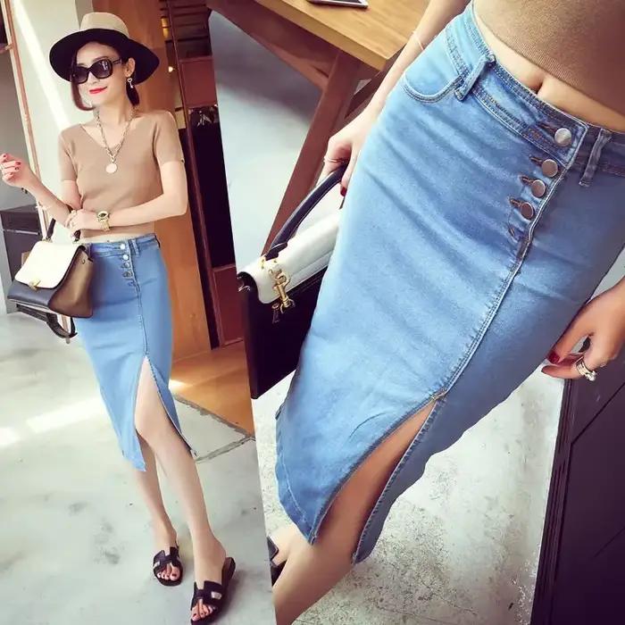 Jupe en jean taille haute avec fente pour femme