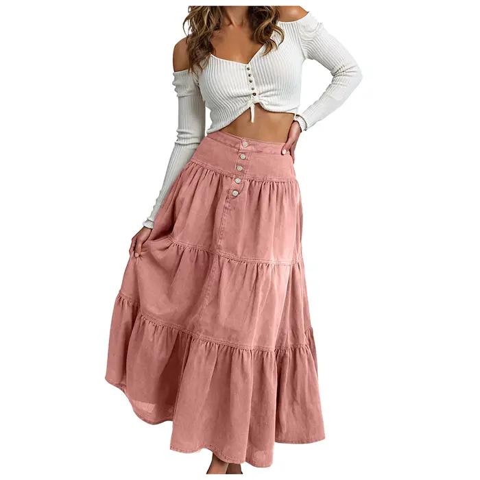 Jupe en jean femme Boho élégant à volants grand ourlet a-ligne décontracté mode