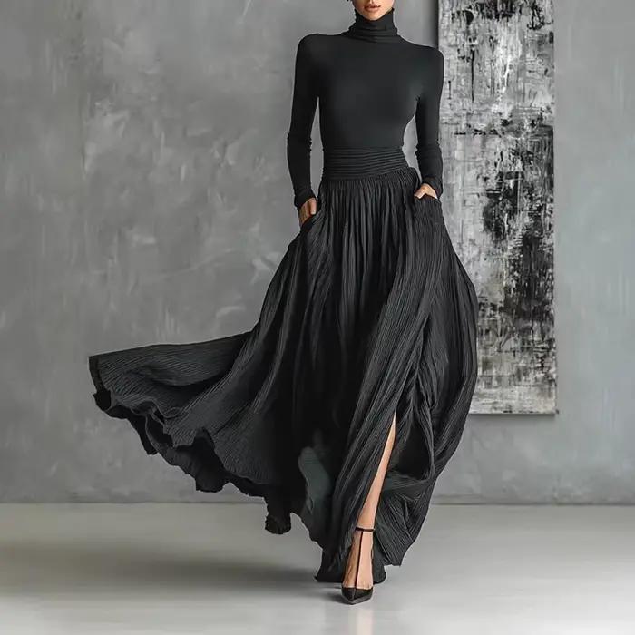 France élégant deux pièces jupe ensemble pour femmes poches solide minimaliste ourlet fendu plissé une ligne Vintage col roulé mince costumes