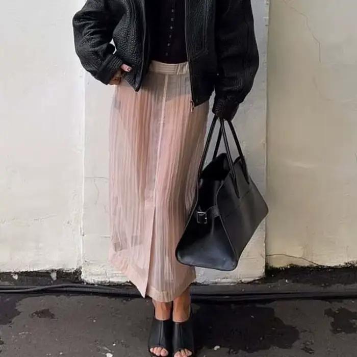 Jupe midi transparente rose en mélange de coton pour femme