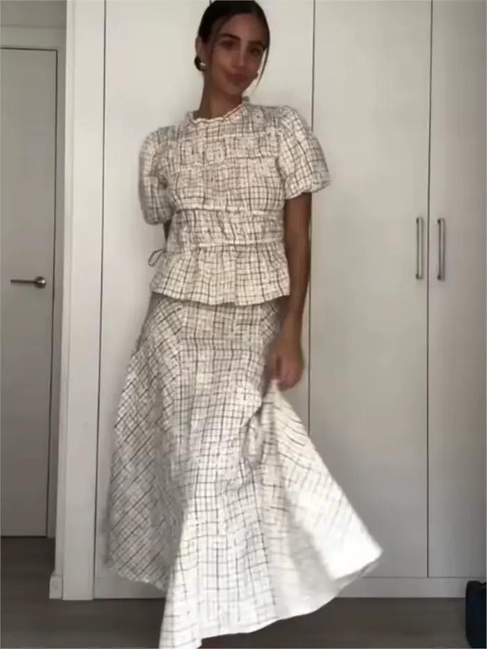 Ensemble jupe taille haute pour femme haut à col volanté et jupe évasée brodée deux pièces printemps été occassions spéciales