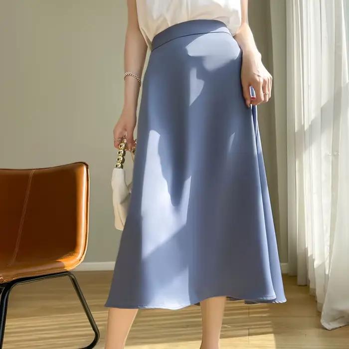 Jupe mi-longue trapèze en satin acétique pour femme, décontractée, coupe slim, idéale printemps-été, rayonne et élasthanne, tailles M, L', XL, XXL