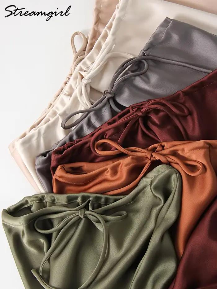 Champagne jupes longues pour femmes élégant 2025 luxe Satin jupe longue Beige une ligne cravate armée vert Maxi