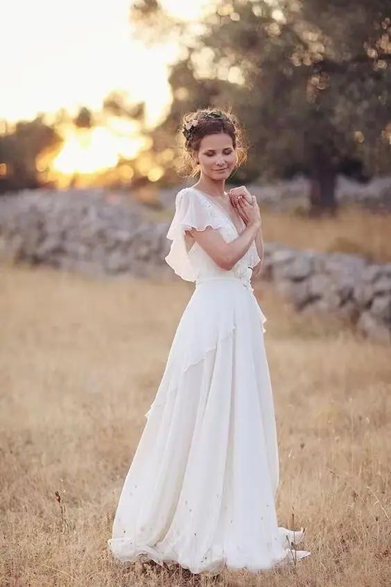 Robe de Mariée Bohème Hippie Personnalisable Plage Dos Nu En Mousseline De Soie Pour Femmes Enceintes Occasions Spéciales