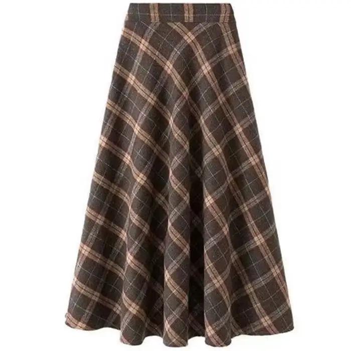 Jupe en laine à carreaux brun foncé pour femmes, coupe moderne, silhouette une ligne, tour de taille empire, printemps été, polyester voile, décoration none, mi-mollet