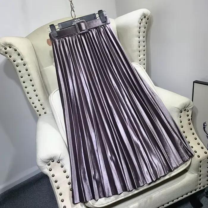 Jupe femelle plissée en velours or avec ceinture perlée brillante une ligne mince ajustement empire midi longue décontractée pour occasions spéciales