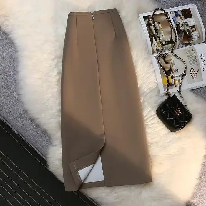 2025 jupes formelles élégantes femme automne nouvelle mode taille haute drapé longue marron costume jupe fermeture éclair femmes