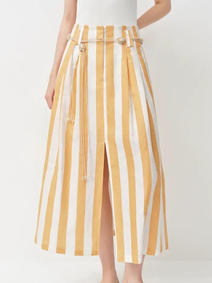 Jupe mini trapèze rayée citron et blanc FSLE 2026 pour femme - Style fluide décontracté inspiré de la nature pour les sorties quotidiennes