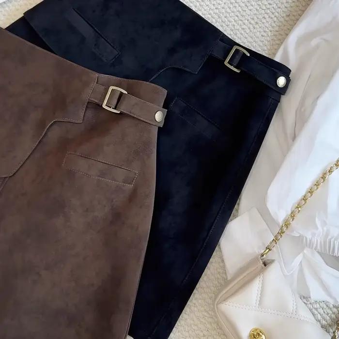 Mini-jupe trapèze taille haute en daim couleur café avec ourlet irrégulier pour femme – Jupe courte tendance amincissante