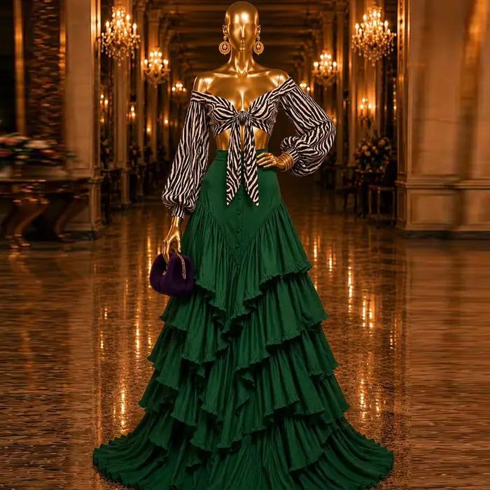 Jupe longue vintage en satin vert émeraude à volants étagés pour femme