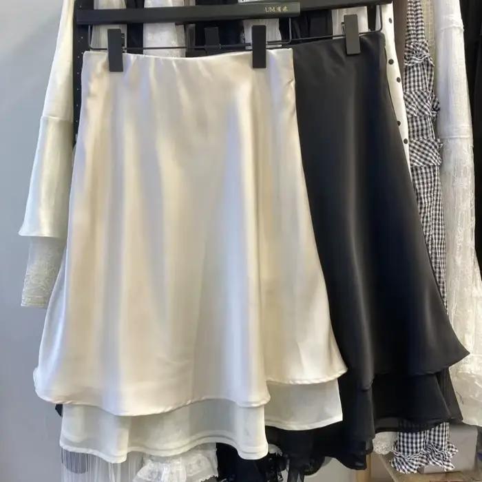 Mini-jupe à pois blancs, style coréen chic d'été, élégante en satin noir, double couche, décontractée, unie, avec fermeture éclair, pour femmes