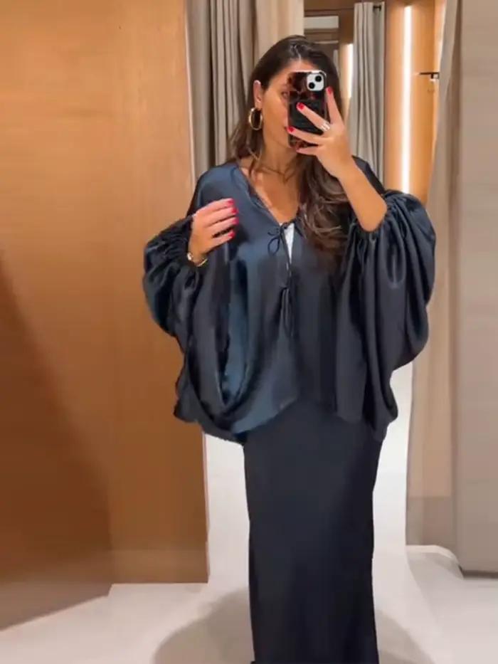 Ensembles de jupes pour femmes : Hauts amples à col en V et manches lanternes avec lacets