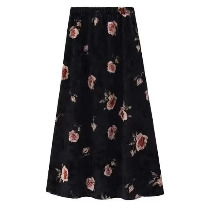 Jupe florale en velours rose nuit foncée rétro Plus