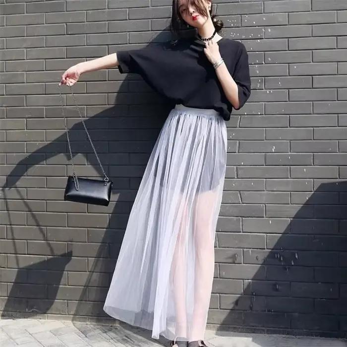 2025 été longue dentelle jupe femmes noir blanc maille jupes décontractées taille basse bohème Sexy Transparent Maxi porter
