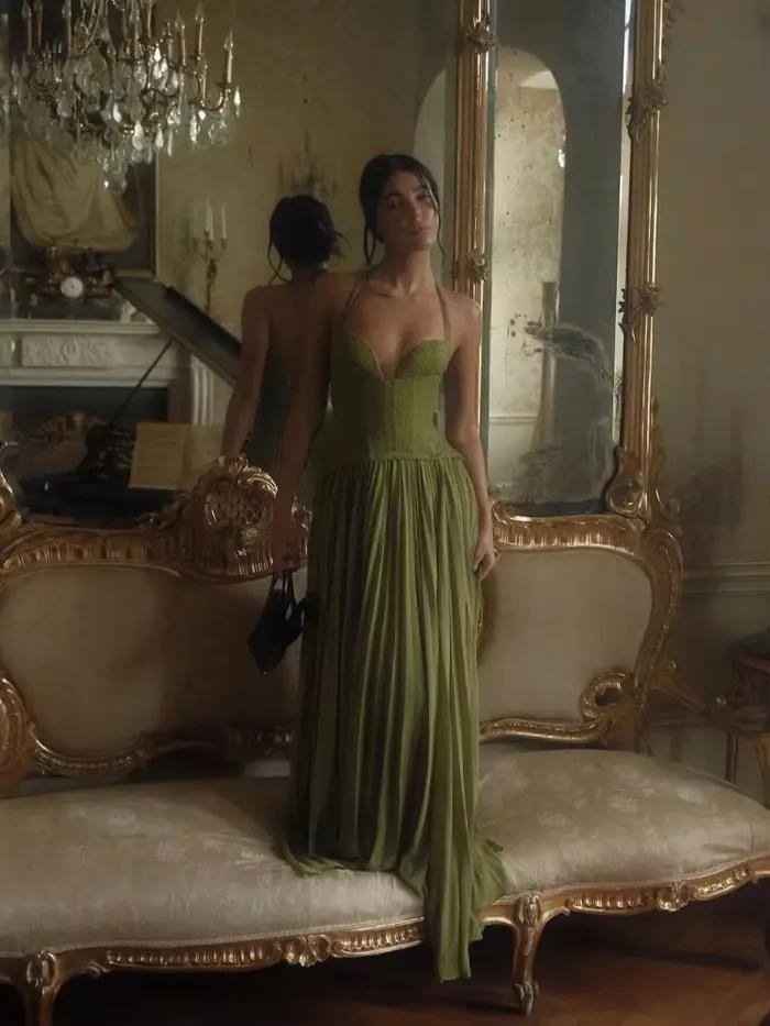 Élégante Robe Longue Plissée Vert Olive pour Femme