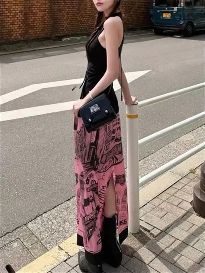 Aoaiiys jupe coréenne femmes Graffiti imprimé motif rose jupes 2026 mode taille haute fente coupe a-ligne