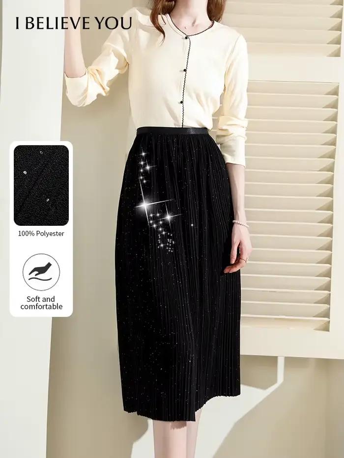 Je vous crois noir paillettes plissé a-ligne jupe 2025 automne élastique taille haute jupes rétro trajet parapluie
